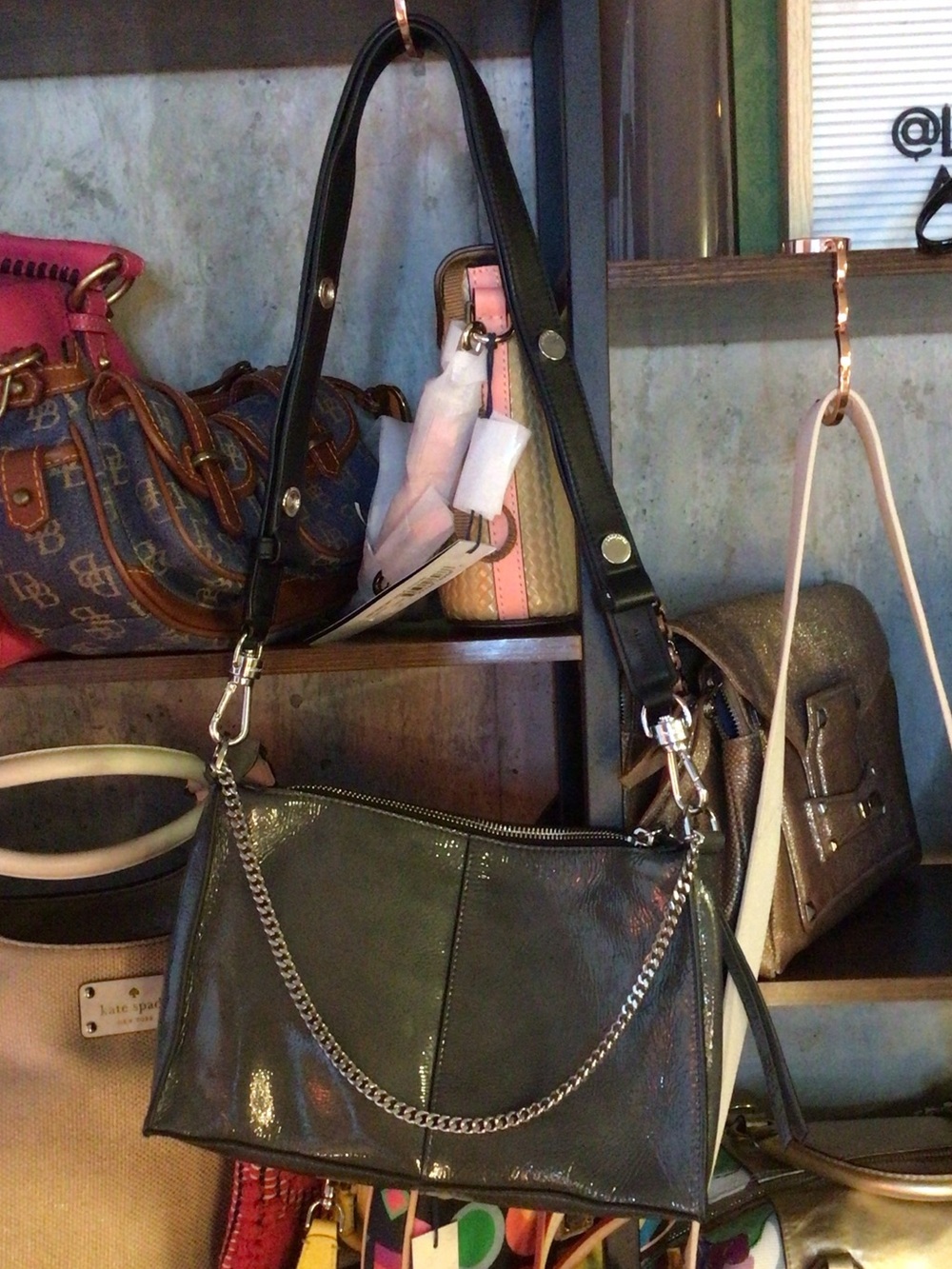All Saints Gray Patent Shoulder Bag with Chain Strap and shoulder strap